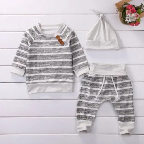

3Pcs Newborn Clothes Baby Long Sleeve Top T shirt+Pants+Hat Striped Outfits Hat Clothes