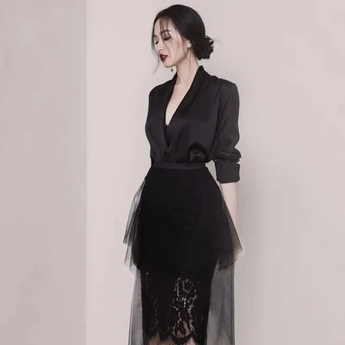 

2019 Spring Black Sexy Deep V Neck Blazer Long Coat +fashion Irregular Lace Patchwork Mesh Skirt Suits Women 2 Piece Set Dress