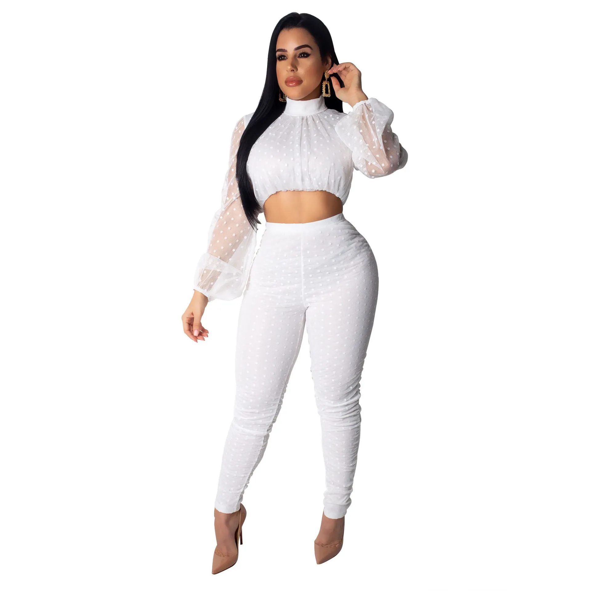 2 Piece Set 2019 Sexy Women Lace Mesh Crop Top Elegant Lantern Sleeve Pants Dot Embroidery Club Party | Женская одежда