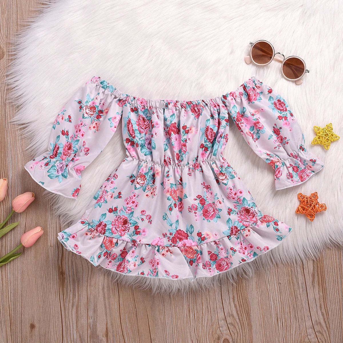 Cute Toddler Baby kids Girl Clothing Dress Floral Off Shoulder Long Sleeve Swing Sunsuit Summer Clothes Girls 3M-4T | Детская одежда и