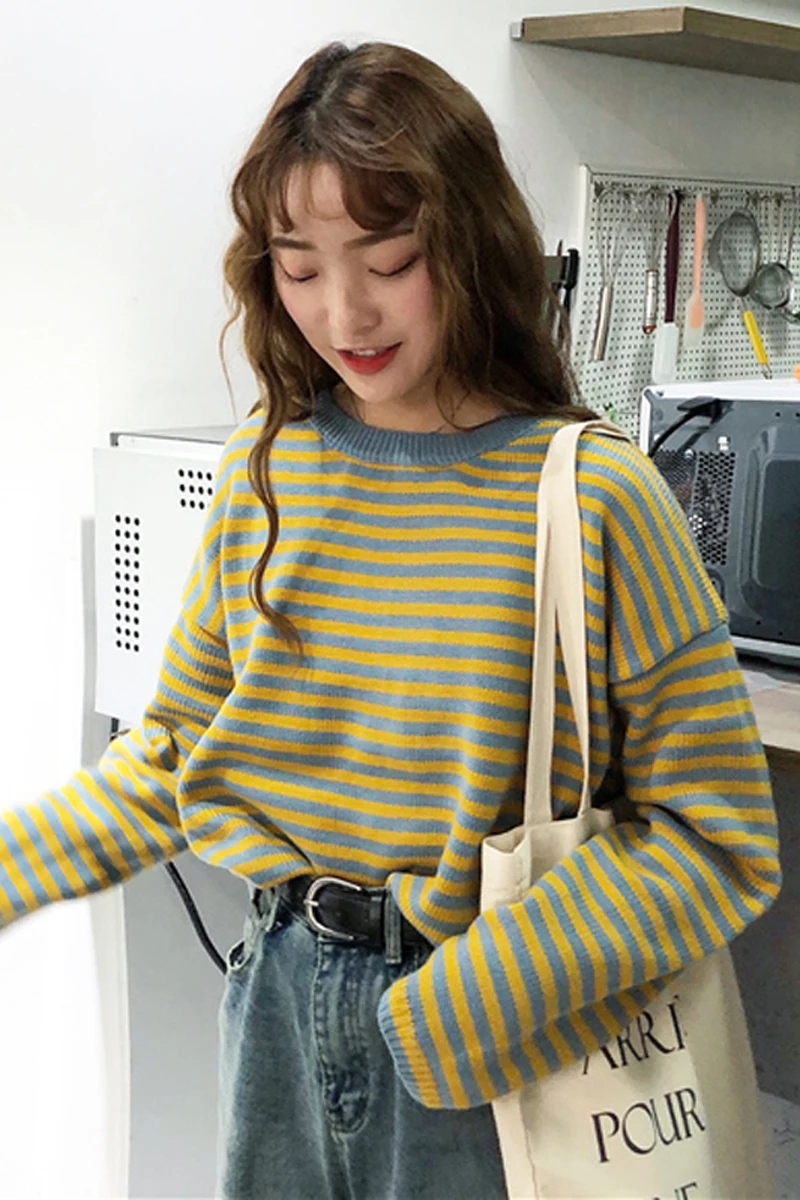 Harajuku Stripe Female Sweater 2 Colors Autumn and Winter Chic Style Long Sleeve Sweaters Womens Pullovers | Женская одежда