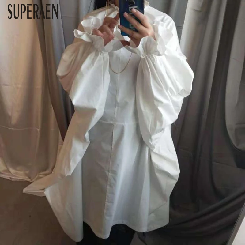 

Женское платье с пышными рукавами SuperAen, однотонное Хлопковое платье в европейском стиле на весну и осень, 2019