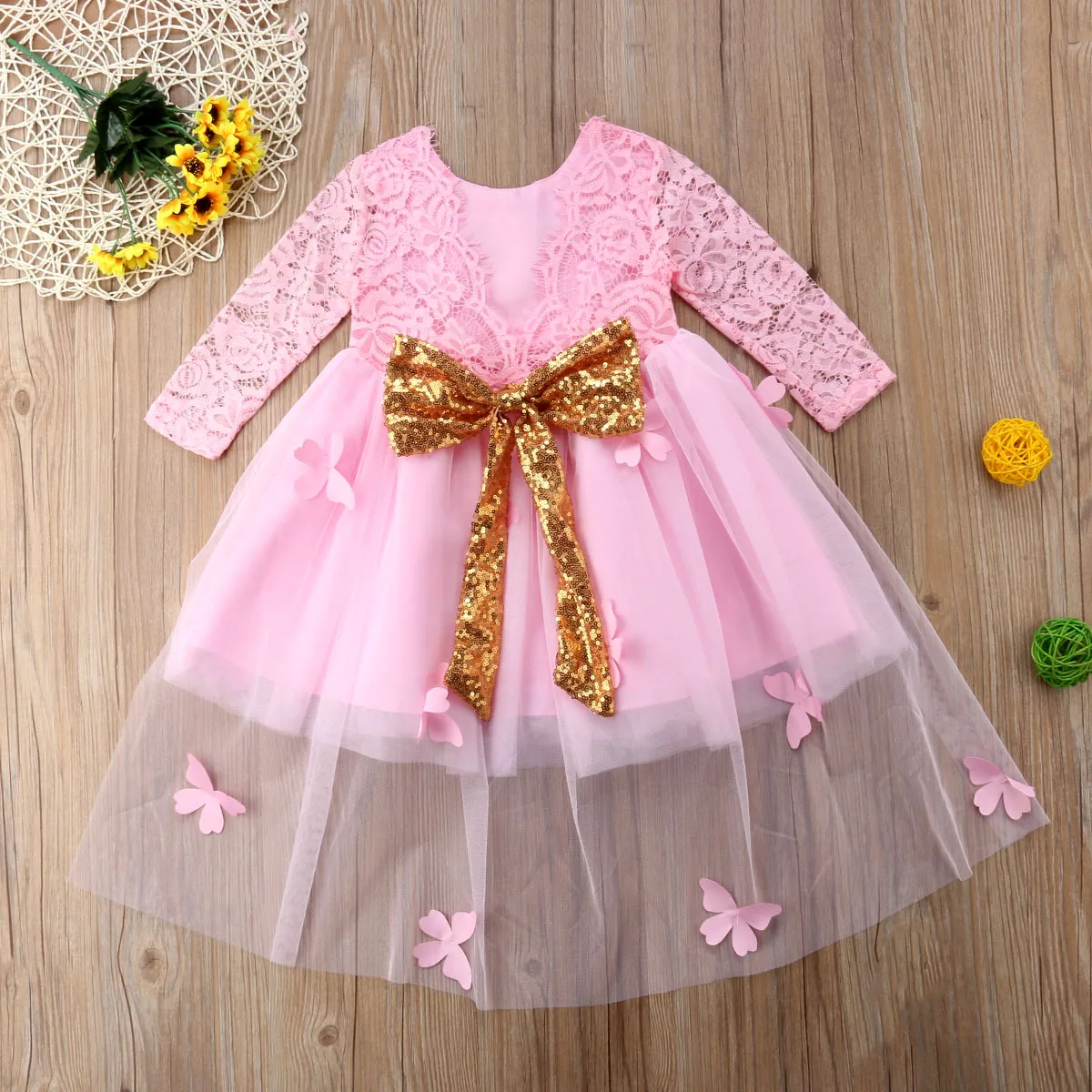 CANIS 2018 Lovely Toddler Kids Baby Girls Long Sleeves Lace Butterfly Tutu Birthday Party Wedding Tull Dress 1-6T | Детская одежда и