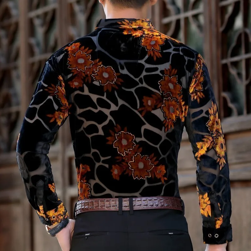 Фирменная Новинка пикантные Прозрачные рубашки для мужчин Slim Fit цветочный принт