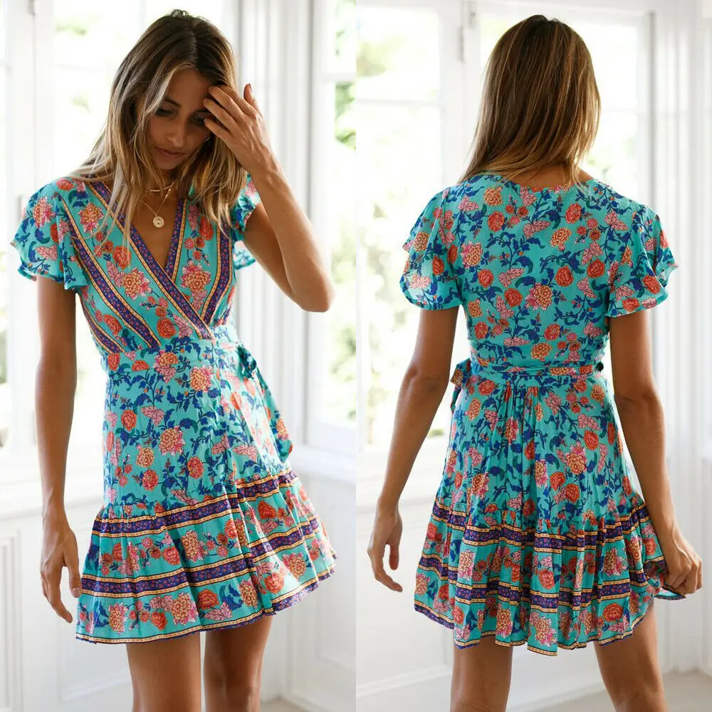 Женское мини-платье с принтом летнее пляжное платье v-образным вырезом