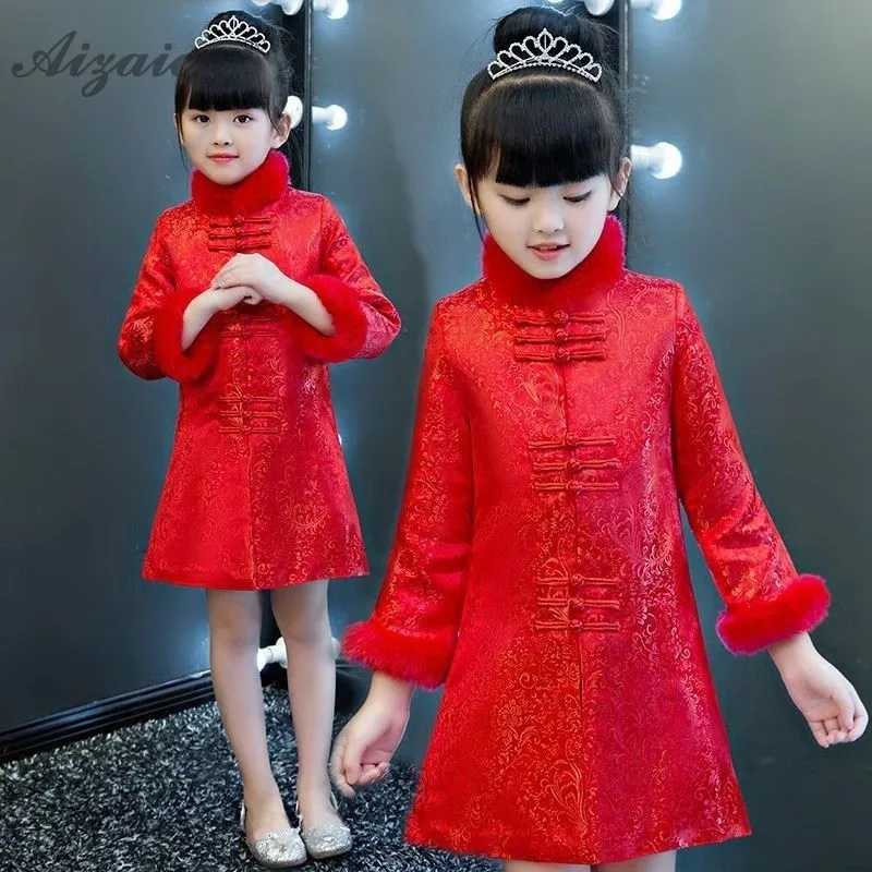 Детское Новогоднее платье с длинными рукавами для девочек Qipao Красное Атласное