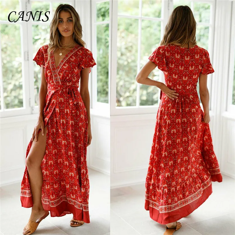 2019 New Arrivals Fashion Women High Slit V-neck Dress Floral Boho Long Maxi Belt Ruffles Sleeve Holiday Beach Sundress | Женская одежда