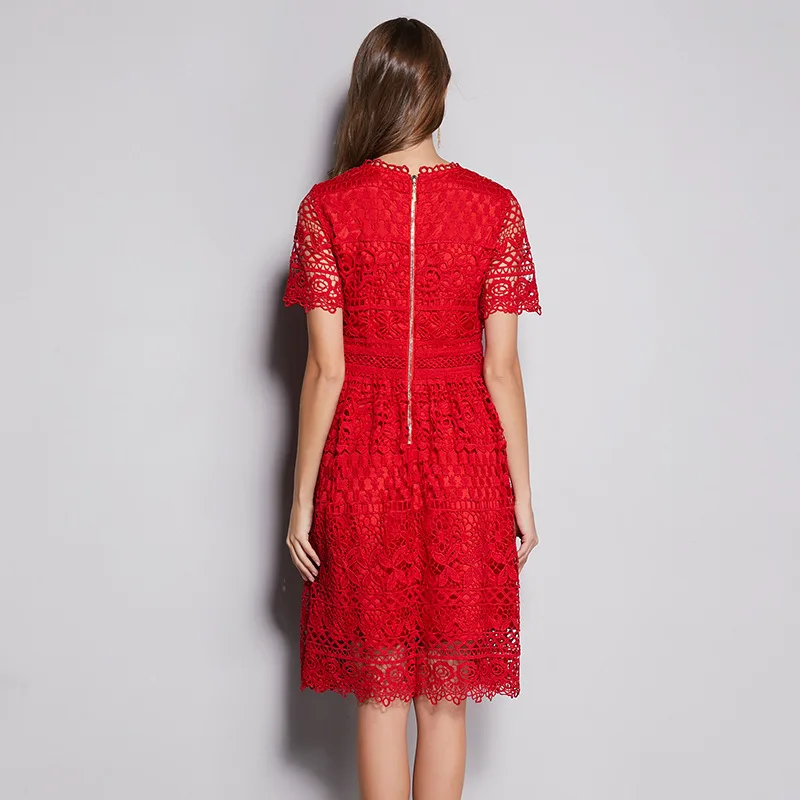 

Queechalle 2021 Summer Red Color Lace Dress Party Elegant Hollow Out Short Sleeve Slim A-line Dress Women Plus Size Midi Dresses