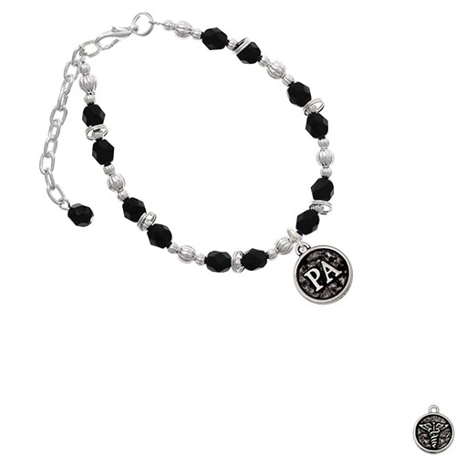 Silvertone медицинский помощник Caduceus Seal PA браслет с черными бусинами| |