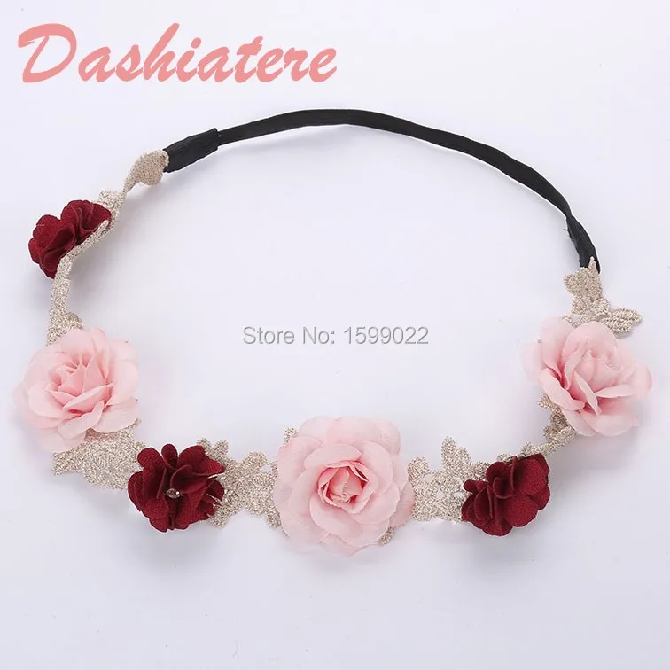Flower Crown Headband Woman Girl Bridal Floral Lace Pink Burgundy Flowers Hair Accessories Elastic Wedding Head Garland| |