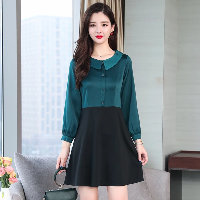 

2019 new spring covered long sleeve thin large size ladies dress plus size L -5XL patchwork clothes vestido red green outfit