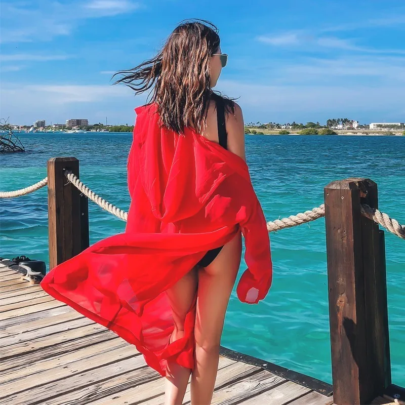 Summer Red Women Long Thin Cardigan Modal Sun Protection Clothing Tops Camisetas Mujer Cape Swimsuit Beach Cape Blusas Femininas