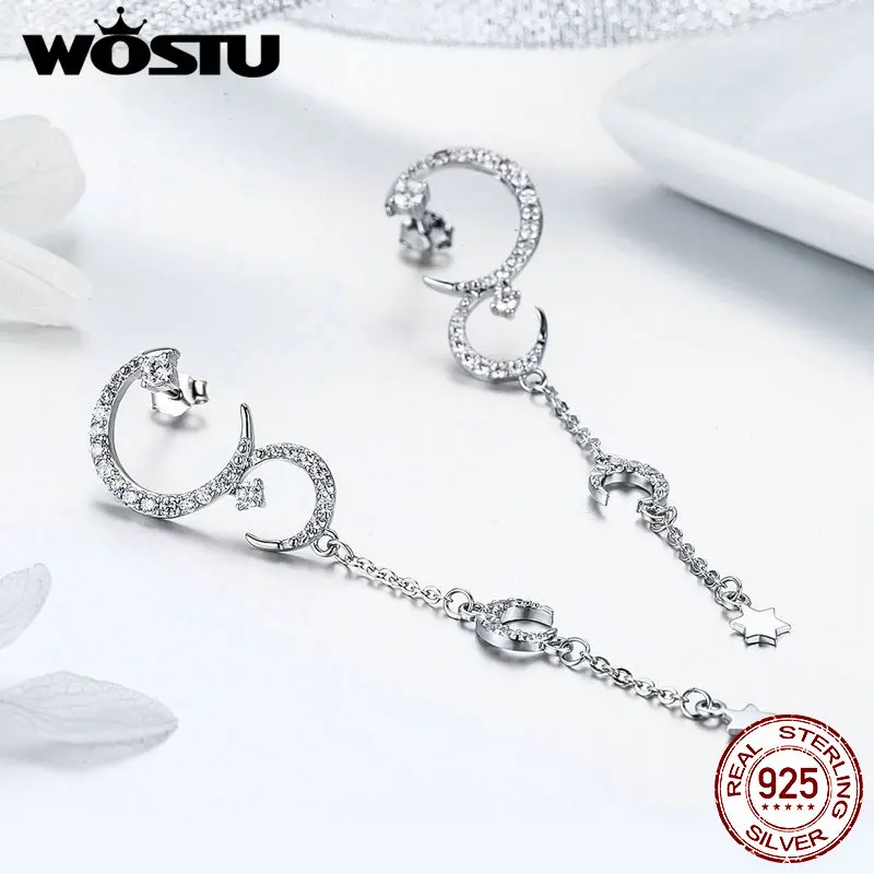 WOSTU 925 пробы, Серебряные длинные висячие серьги с Луной и звездой, сверкающий циркон, висячие серьги для женщин, серебряные блестящие ювелирные изделия CTE061