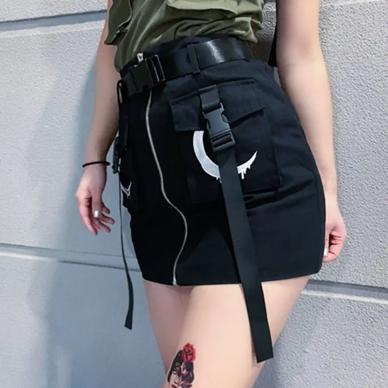 Женская юбка мини лето 2019 Харадзюку Мода Готическая Луна печать молния уличная