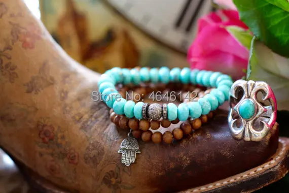 Boho Chic Pave CZ Bead Roundel Turquoises Beads Stretch Bracelet Stracking Bracelet