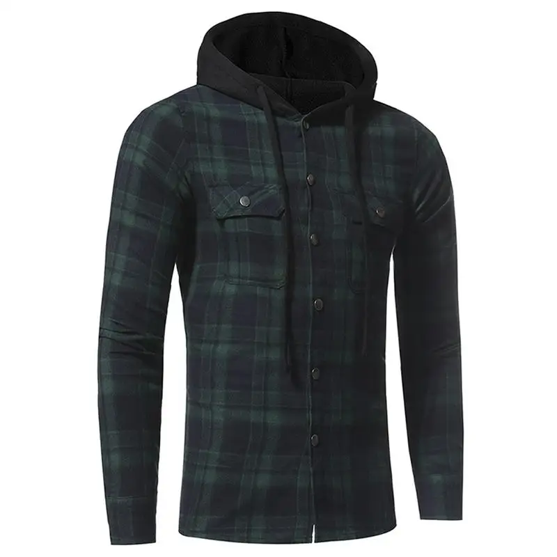High Quality Leisure Men's Flannel Plaid Hooded Shirt Long-sleeved Double Pockets Casual Checked Pattern Red Green Navy Blue | Мужская