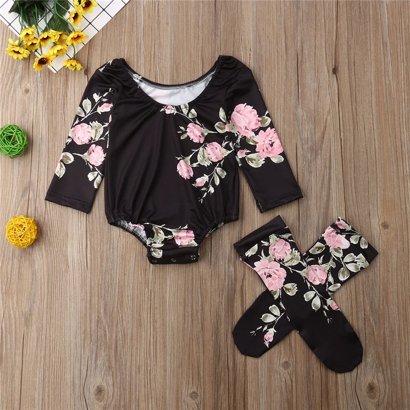 Infant Baby Girls Floral Printed Lovely Cotton Rompers Round Neck Long Sleeve + Warm Legs Cute Outfits Sets | Детская одежда и