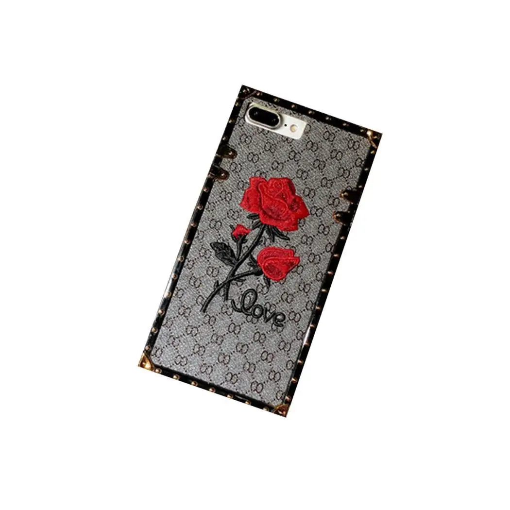 Phone Case Rose Embroidery Square With Lanyard Beige Red Gray Floral Letter Mobile Protective Cover For iPhone |