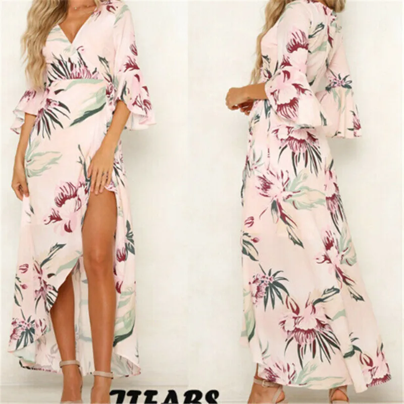 

Trendy Women dress Summer V-neck three quarters sleeve Floral print Party Beach Polyester Dresses one pieces