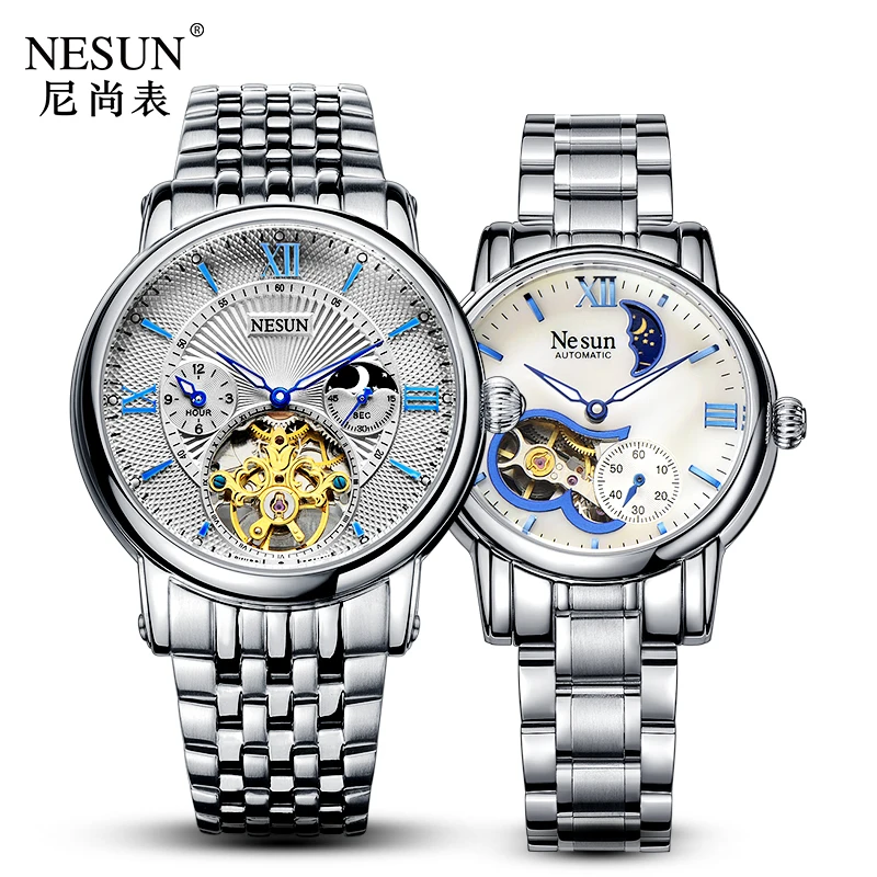 

New Switzerland NESUN Luxury Brand Automatic Mechanical Men & Women Watches Sapphire Skeleton Moon Phase Couple's Clock N9091-L