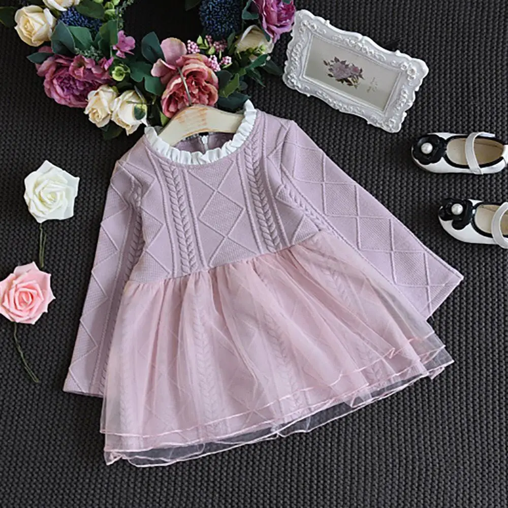 2018 Autumn Girls Dress Children's Solid Color Mesh Stitching Long-Sleeved A-Line Casual | Детская одежда и обувь