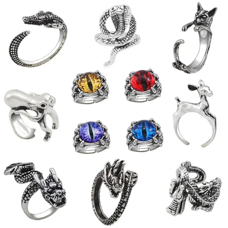 

Punk Vintage Animal Ring Men Rabbit Octopus Dragon Claw Deer Cat Rings For Women Gothic Biker Jewelry Christmas Gift Anel