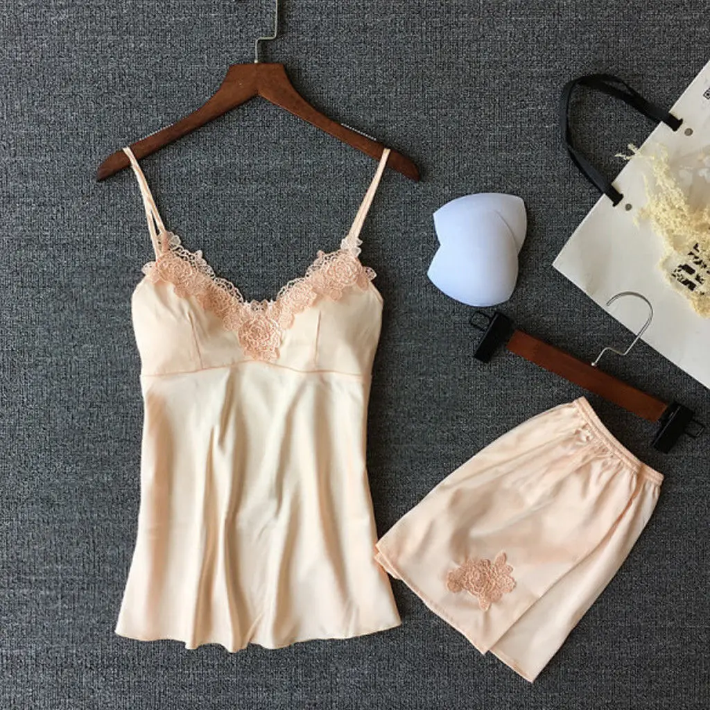 2 шт. Женская Сексуальная атласная пижама с кружевом нижнее белье Babydoll ночная