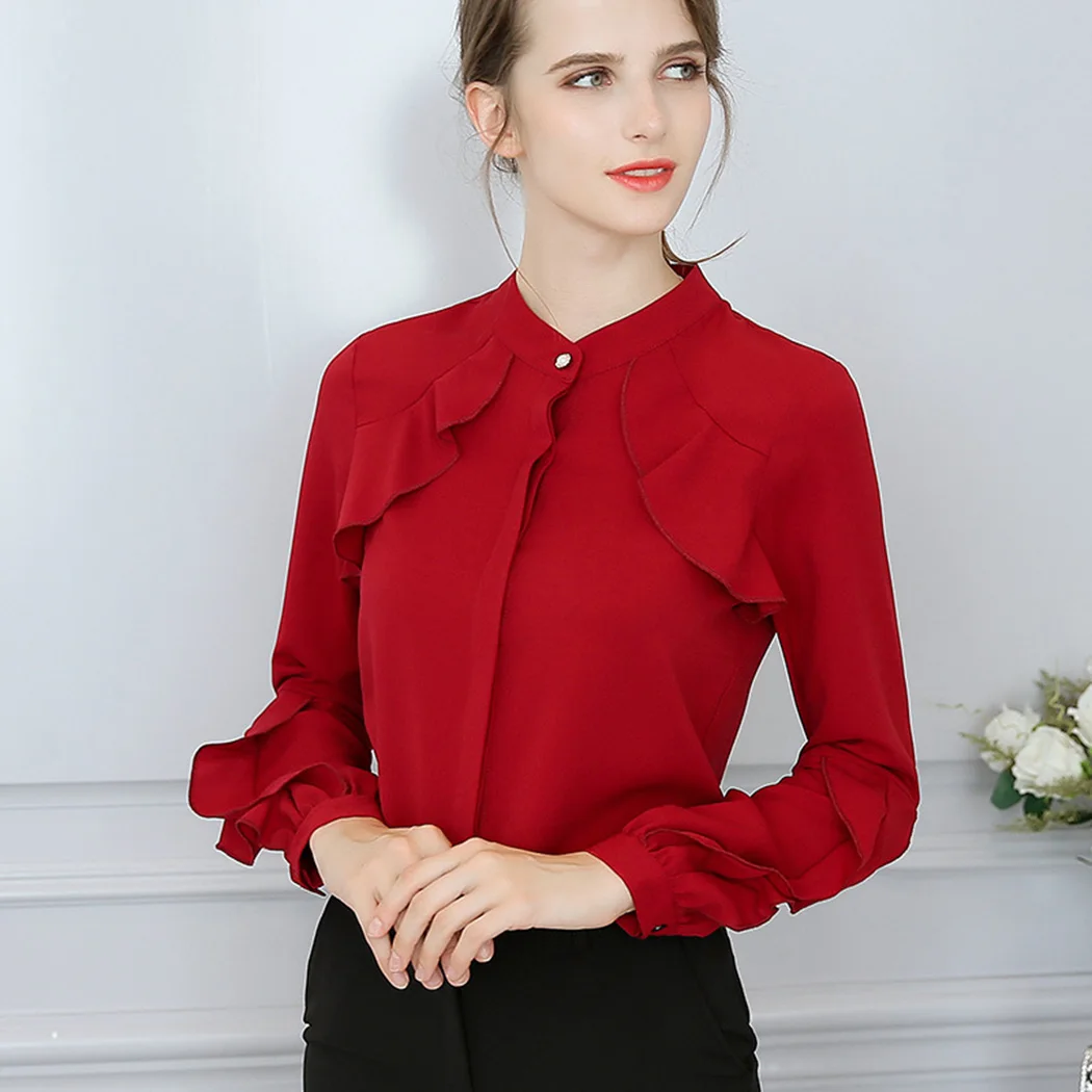 Элегантные блузы из шифона с воланами для женщин, модные офисные рубашки, летние топы с длинными рукавами однотонные туники "Блузы Он"
