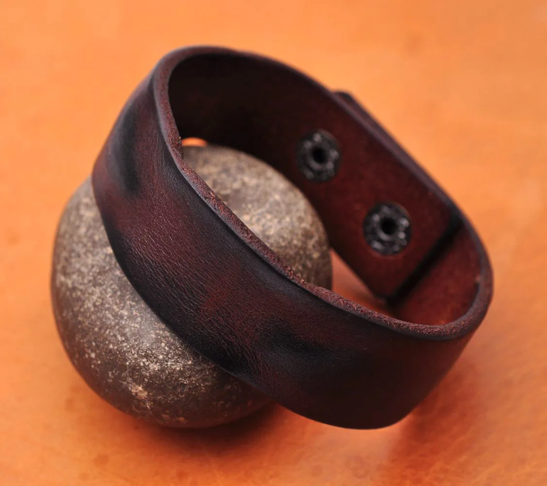 Handmade Distressed Genuine Leather Bracelet Cuff Wristband Brown Mens Unisex |