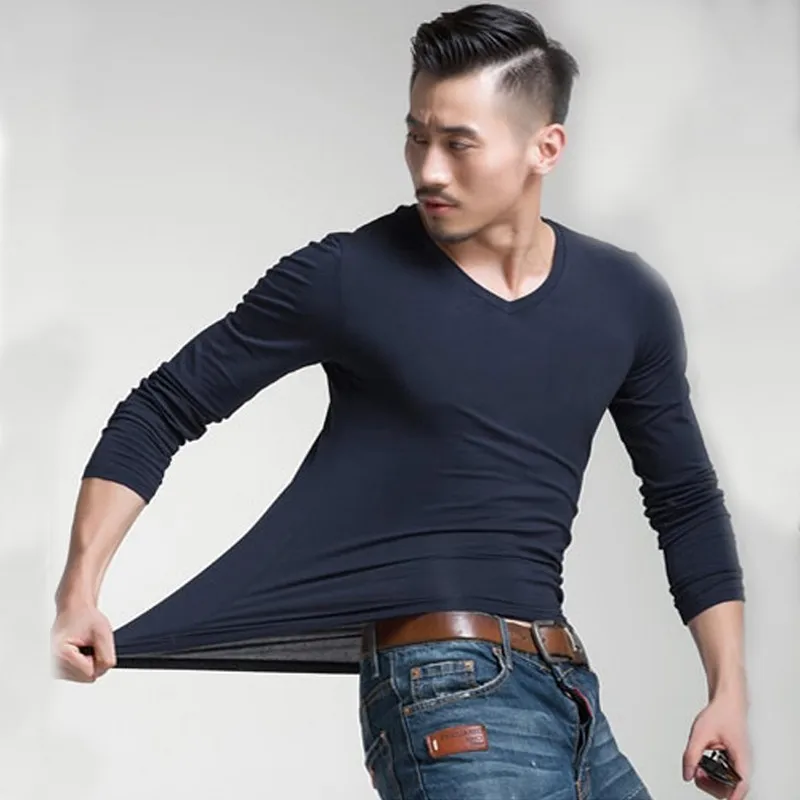 

Men T-Shirt 2022 Cotton Long Sleeve TShirts Solid Slim V-Neck Pullover Black Full Sleeve Men Casual Tops