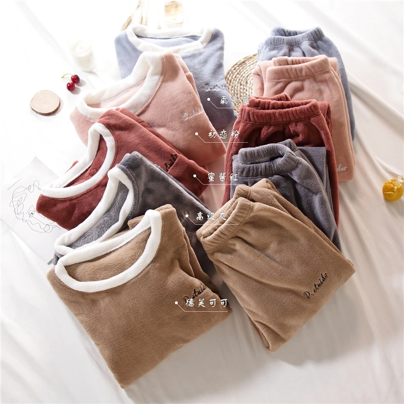 Thick Warm Flannel Pajamas Sets Winter Women Two Piece Pajama Set Solid Female Sleepwear Home Clothing Women's Suit |