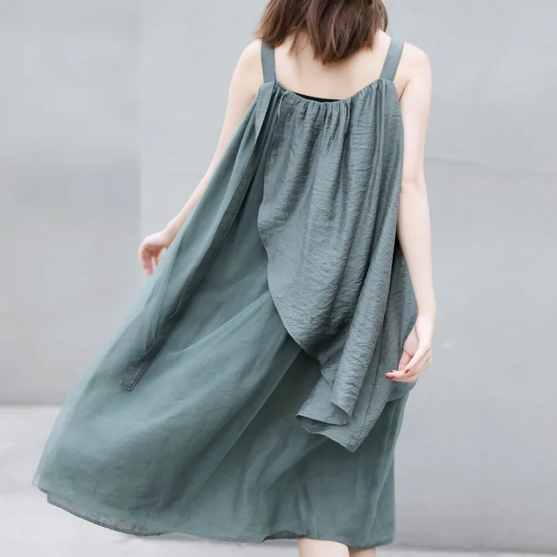 CHICEVER Spring Casual Patchwork Mesh Irregular Ruffles Dress For Women O Neck Spaghetti Strap Loose Oversize A-line Dresses New | Женская