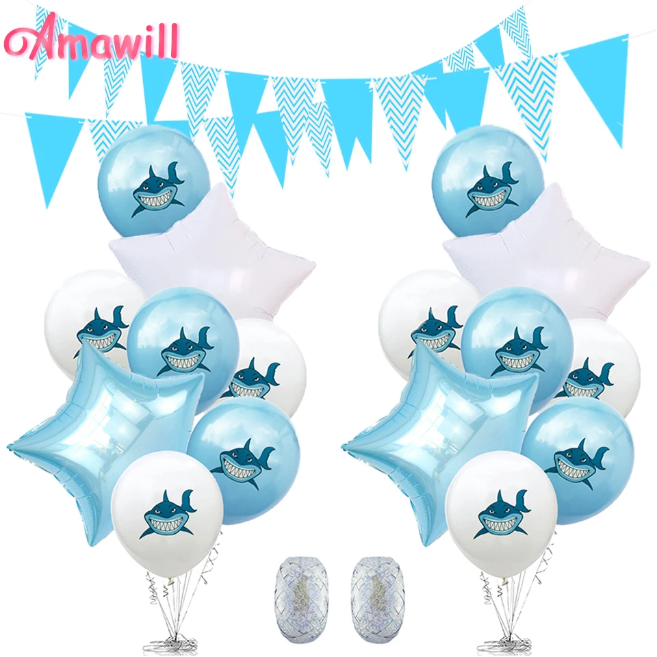 Amawill синий Angry Shark латексный шарик для дня рождения гирлянды-флажки детские