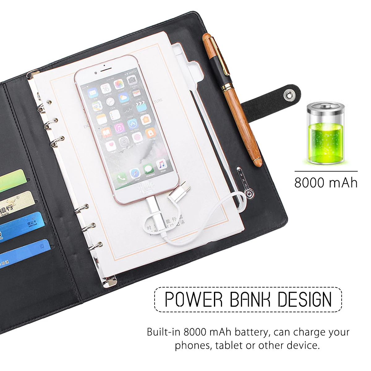Многофункциональная книга для деловых записей A5 Power Book внешний аккумулятор 8000