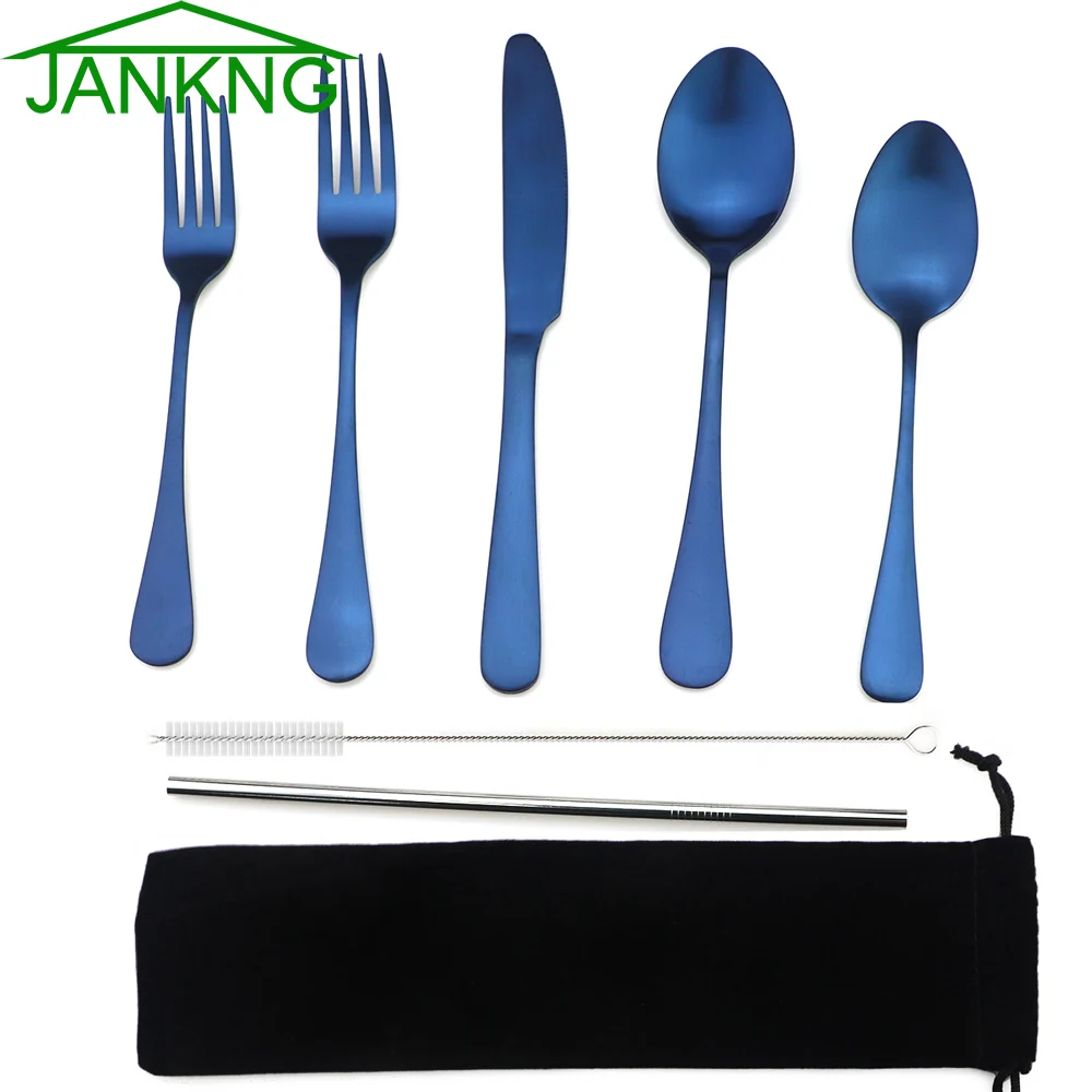 Black Blue Rainbow Rose Stainless Steel Cutlery Set Dinnerware Tableware Silverware Sets Dinner Knife Fork Straw