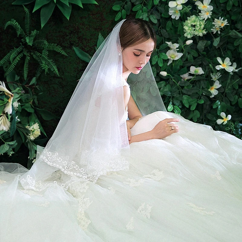 Princess Lace Edge Bridal Veil Two Layer Wedding Veils with Comb Fingertip Length Blusher Vail Women Fashion Korean Headdress | Свадьбы и
