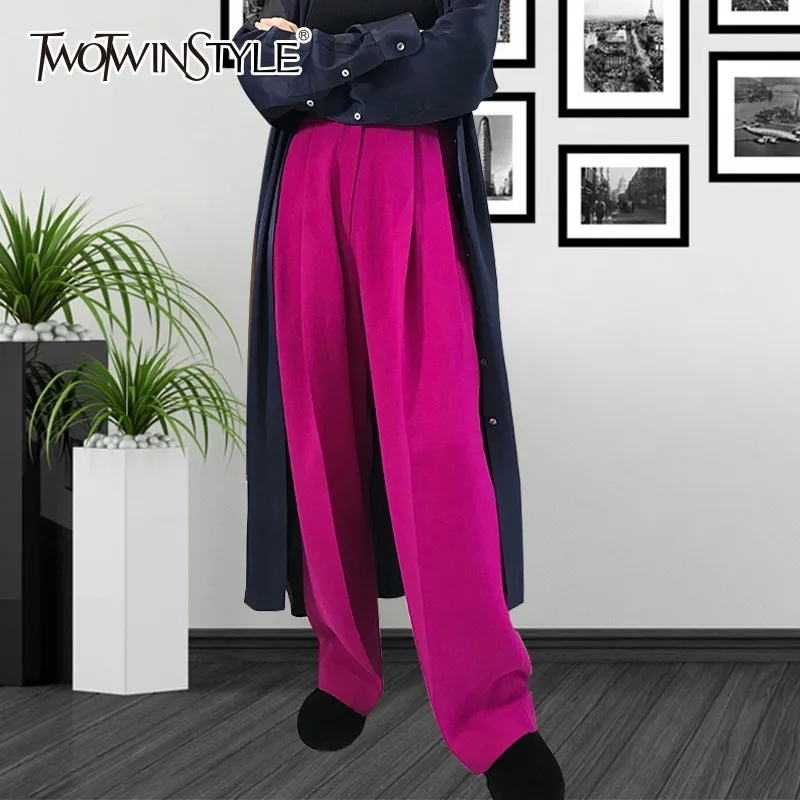 TWOTWINSTYLE Long Pants Female High Waist Solid Straight Trousers For Women Large Size Casual Fashion 2020 Spring Clothes New | Женская
