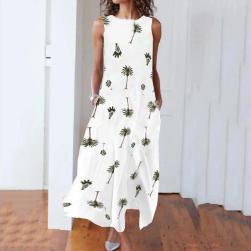 Летнее женское свободное платье большого размера с круглым вырезом без рукавов