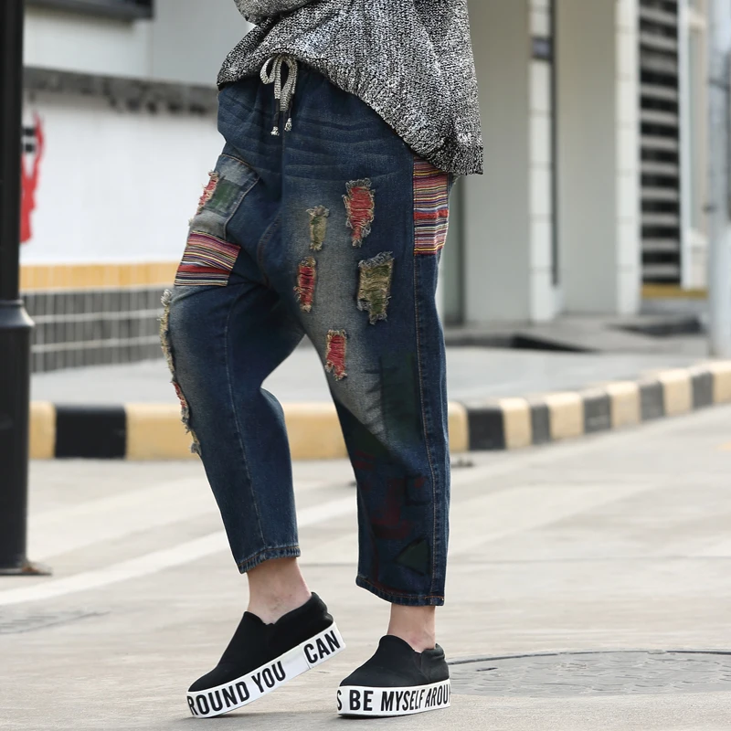 QING MO женские джинсовые штаны с дырками синие эластичным поясом винтажные в стиле
