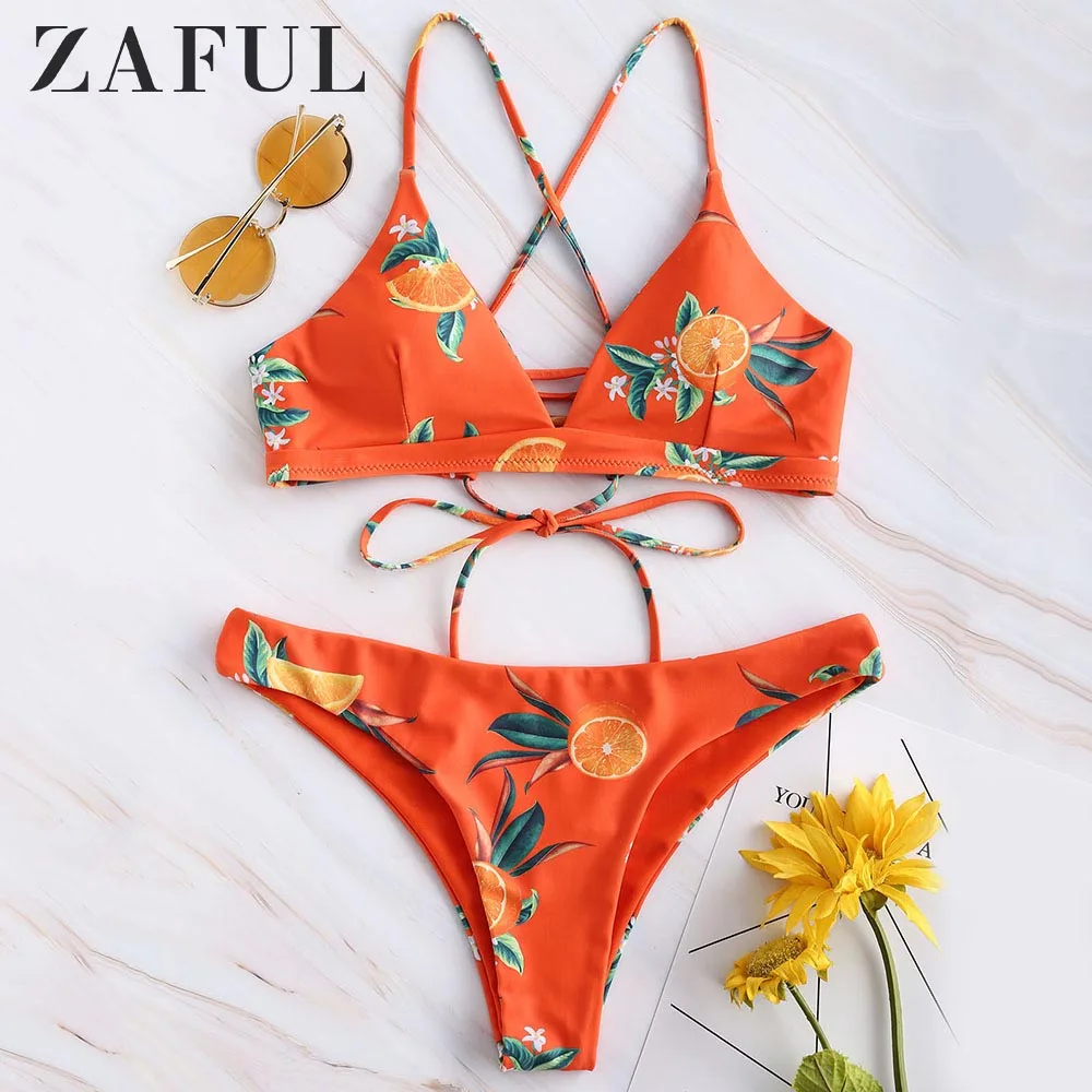 ZAFUL Оранжевый принт на шнуровке Crisscross Бикини Комплект Тонкий бретели Эластичный