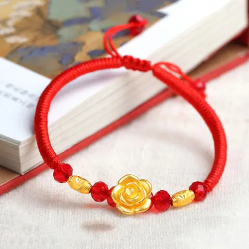 

Real 24k Yellow Gold Lucky 3D Rose Flower With Red Weave Bracelet 6.3