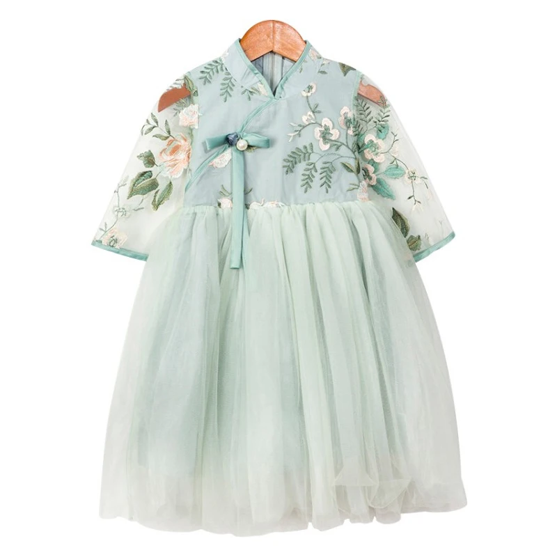 embroidered flowers china Cheongsam 2019 tang hanfu children traditional ancient folk costume age for 4 - 14 yrs kids lace qipao | Детская