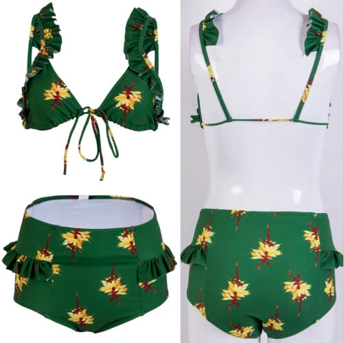 New Style Women Bikini Set Bandage Beachwear Push-up Padded Swimsuit Floral Print Bathing Suit High Waist Green Swimwear 2018 | Спорт и