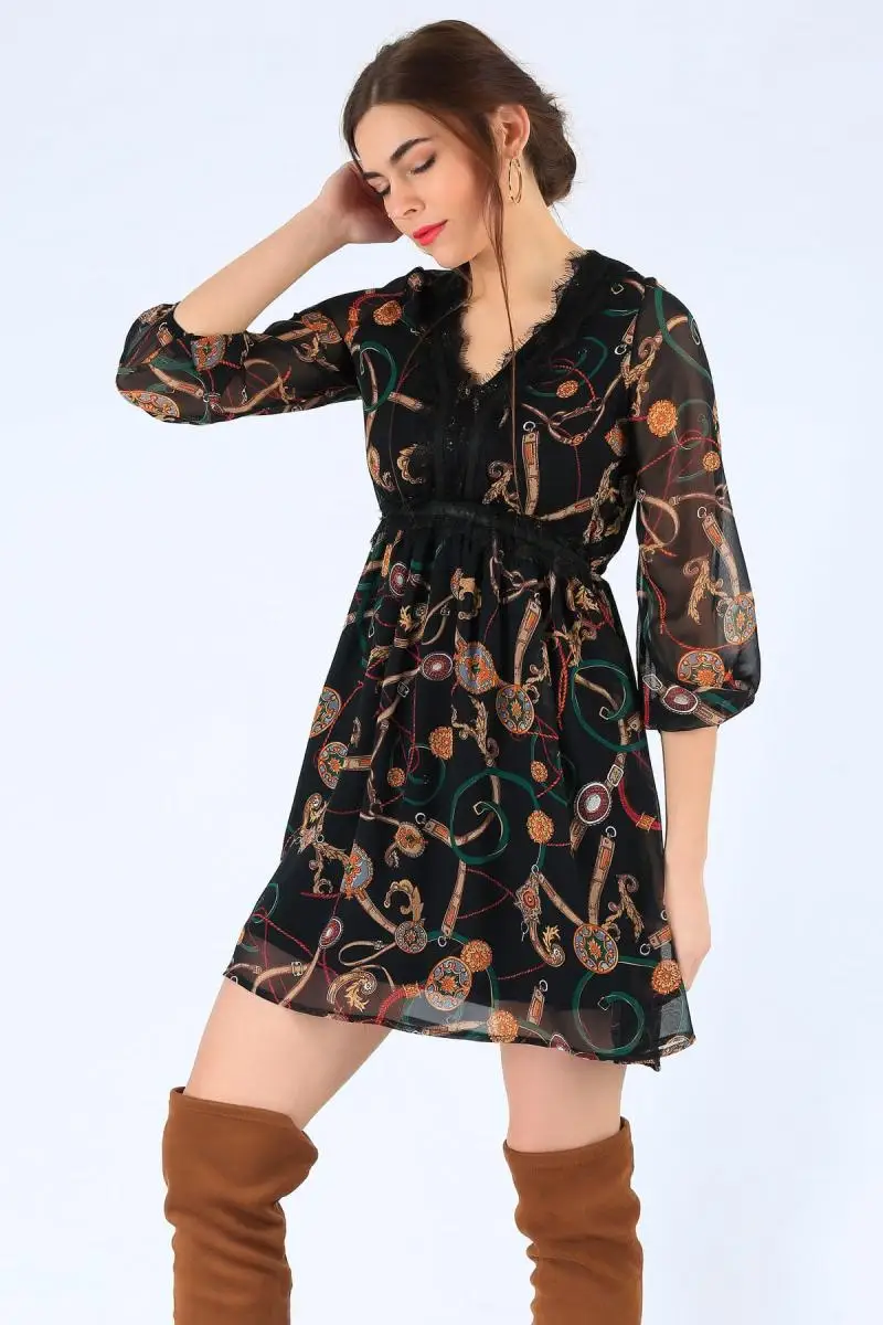 Размер частный респект женский черный талия эластичный вырез Ruched шаль узор