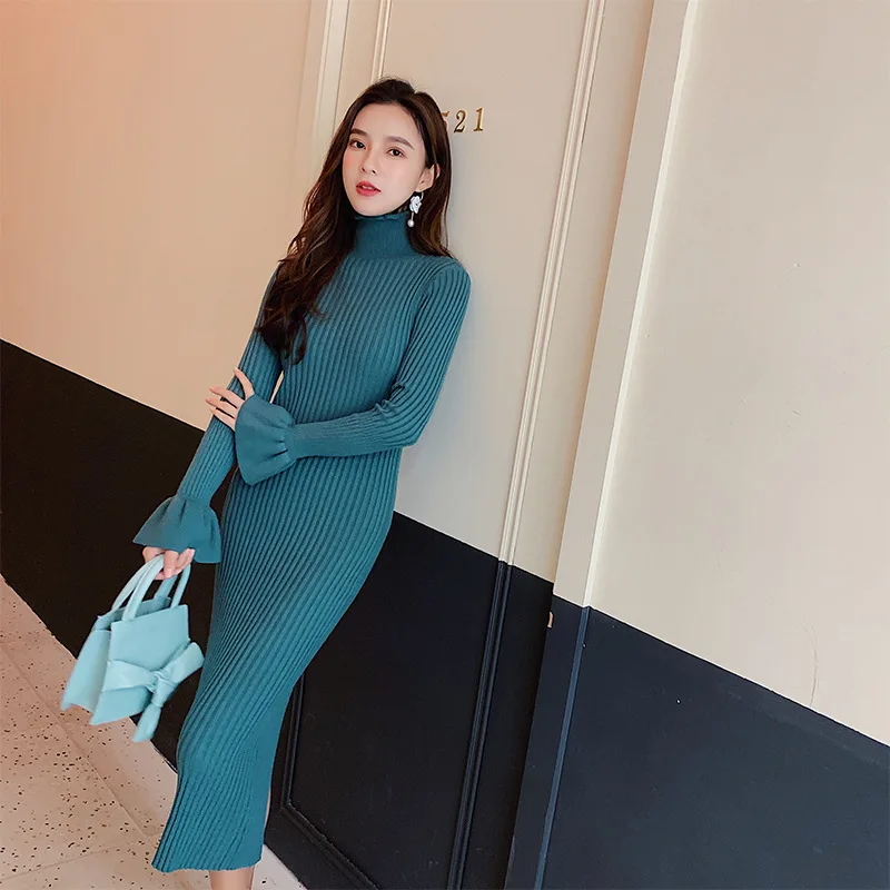 2019 New Arrival Spring Women's Clothes O-Neck Solid Knitting Slim Sexy Brand Sheath Brief Female Ruffles Pencil Long Dress S-XL | Женская