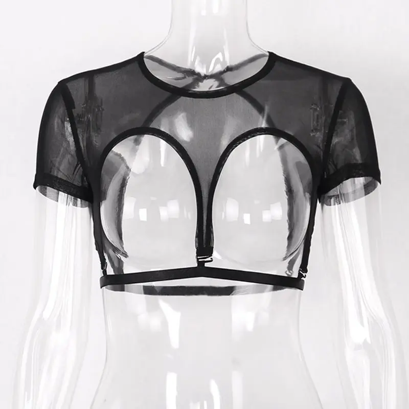 Sexy Mesh Top Women Gothic Transparent Hollow Backless Tees Black Crop Tops Girl 2019 Streetwear Fashion Casual Summer Tee Shirt | Женская