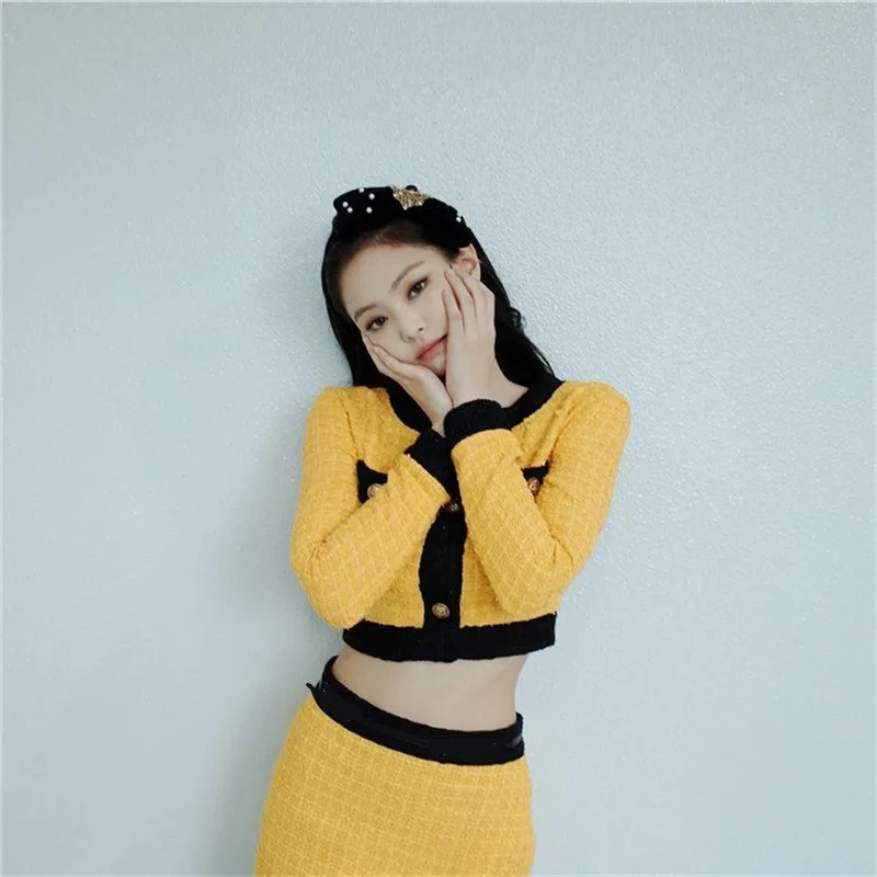 2019 Весна Сладкий желтый однобортный укороченный пиджак пальто твид комплект для