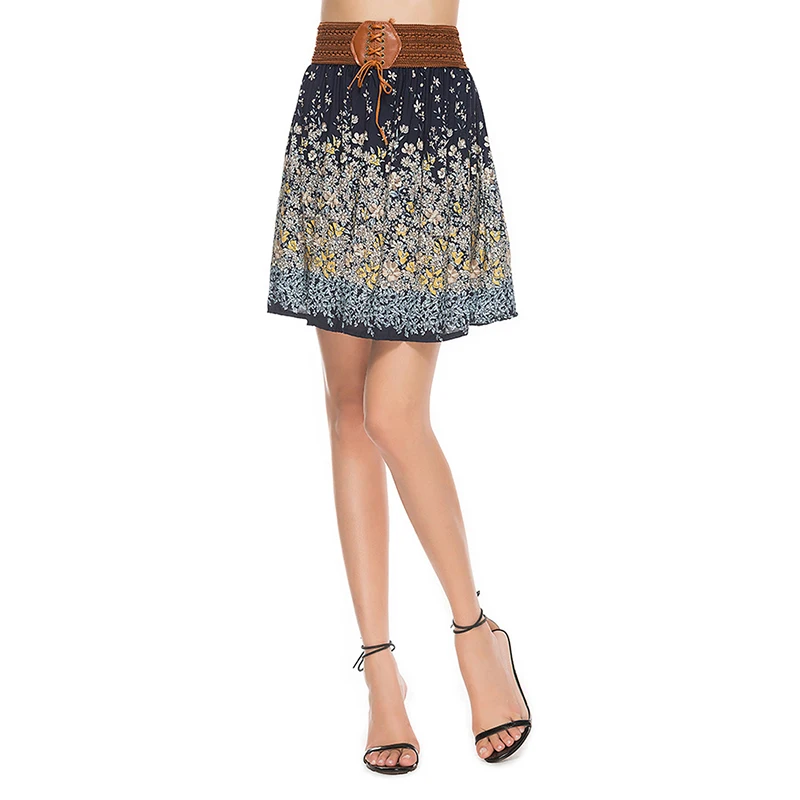 

Leather Strap Waist Short Skirt 2019 Summer New Skirt Women Floral Chiffon Leather Straps Pleated Skirt Feminine Vintage Lace-up