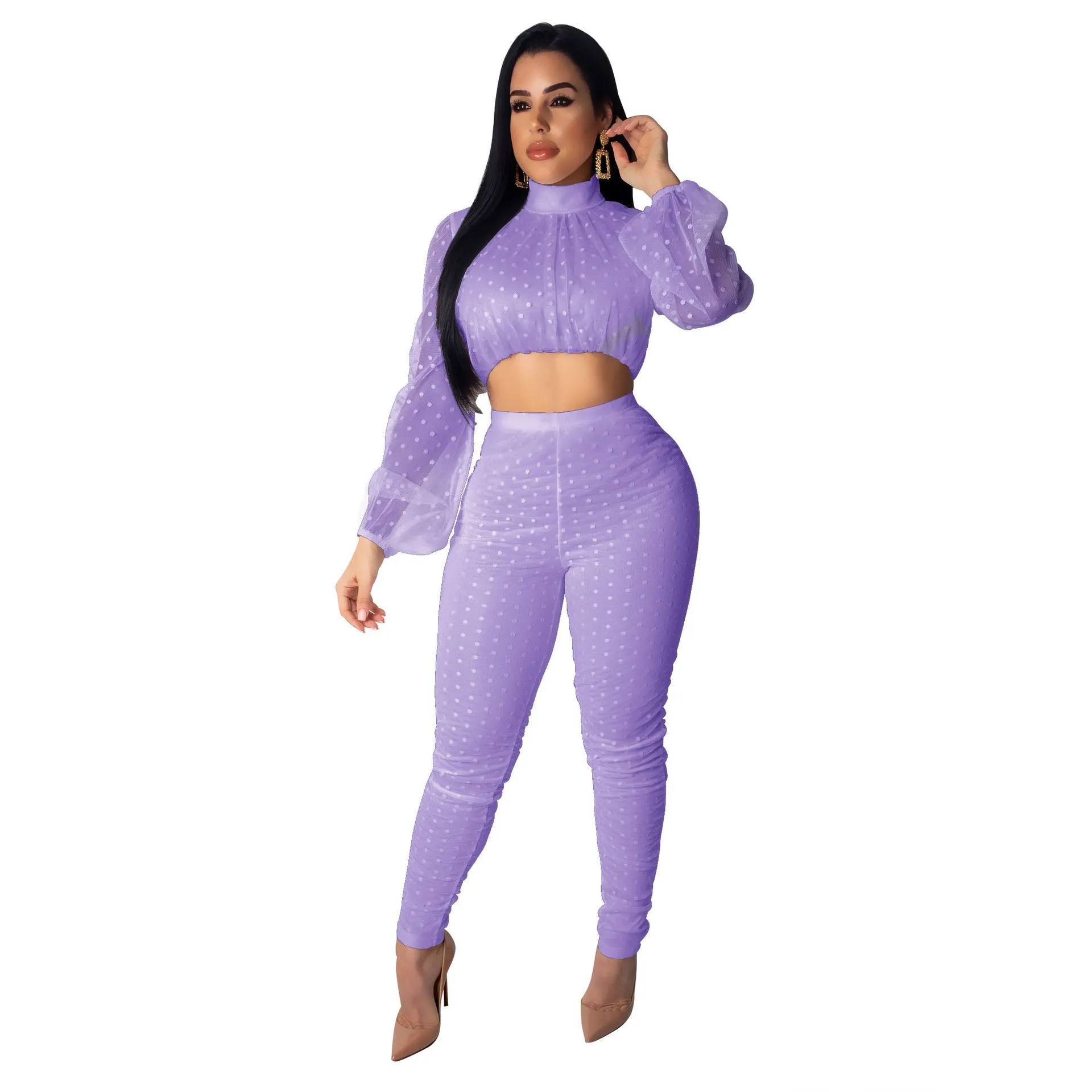 2 Piece Set 2019 Sexy Women Lace Mesh Crop Top Elegant Lantern Sleeve Pants Dot Embroidery Club Party | Женская одежда