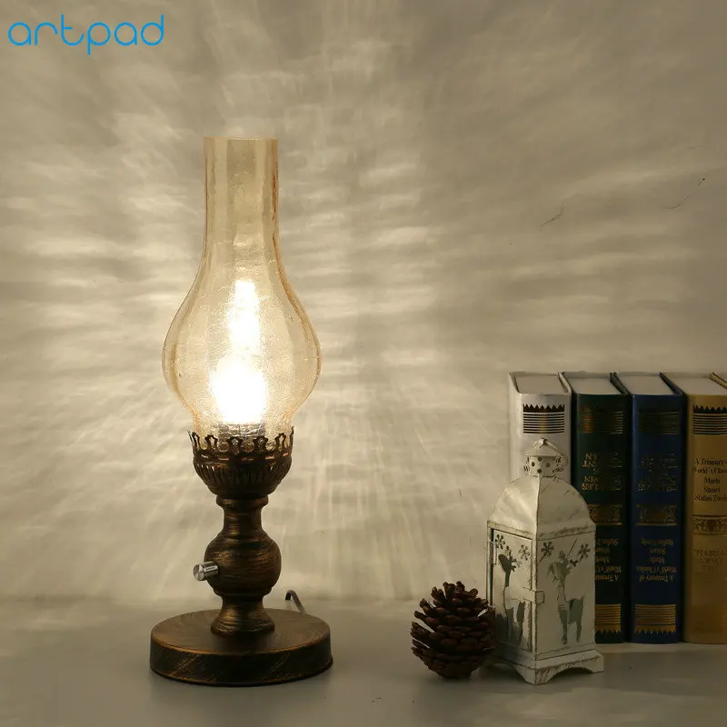 

Artpad Chinese Style Retro Vintage Kerosene Lamp Glass Lampshade Dimming LED Table Light EU/US Plug in E27